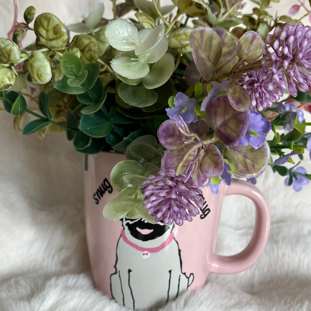 Pink Ceramic Pug Mug with Floral Accent. Hand designed. New.